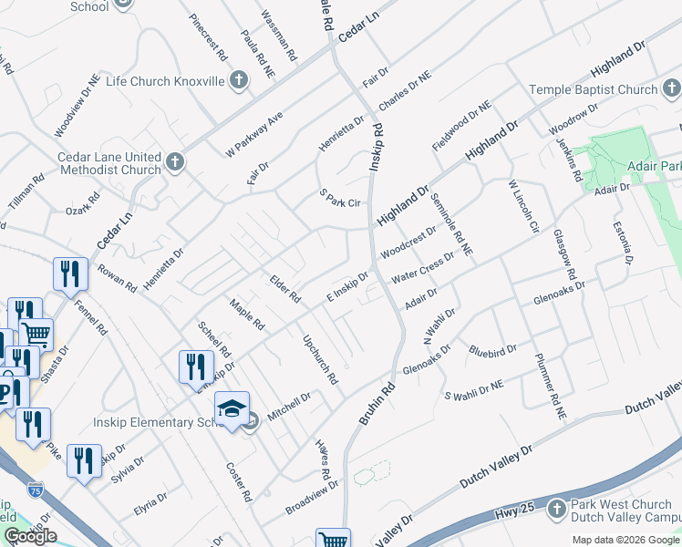 map of restaurants, bars, coffee shops, grocery stores, and more near 906 Blue Spruce Way in Knoxville