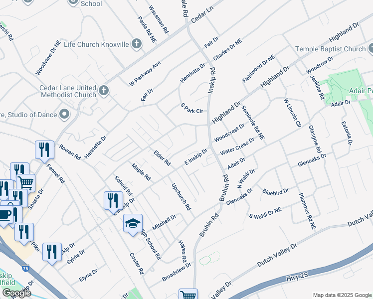 map of restaurants, bars, coffee shops, grocery stores, and more near 906 Blue Spruce Way in Knoxville