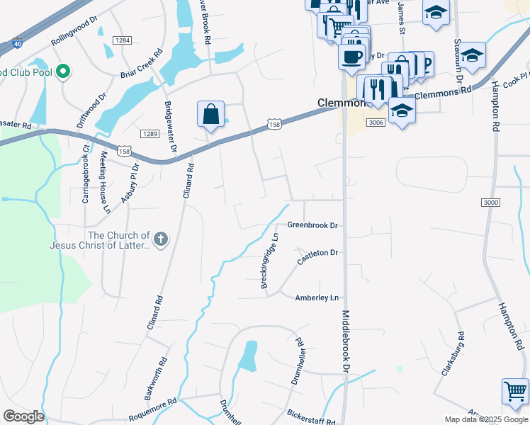 map of restaurants, bars, coffee shops, grocery stores, and more near 3649 Littlebrook Drive in Clemmons