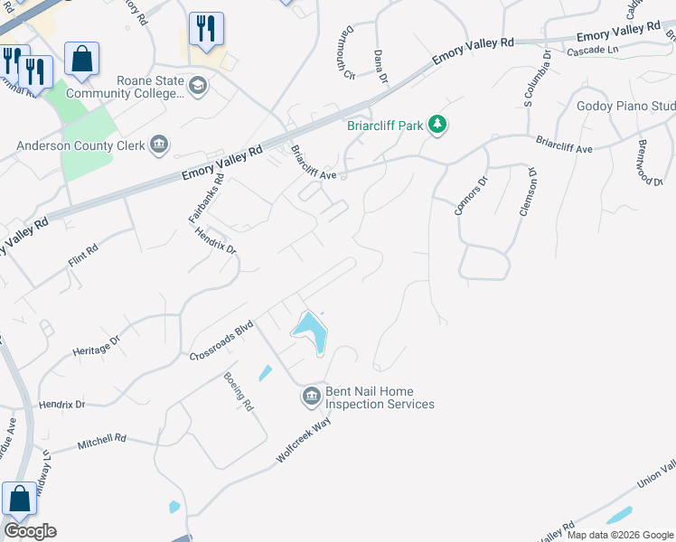 map of restaurants, bars, coffee shops, grocery stores, and more near 141 Crossroads Boulevard in Oak Ridge