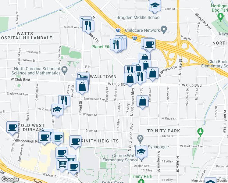 map of restaurants, bars, coffee shops, grocery stores, and more near 1113 Onslow Street in Durham