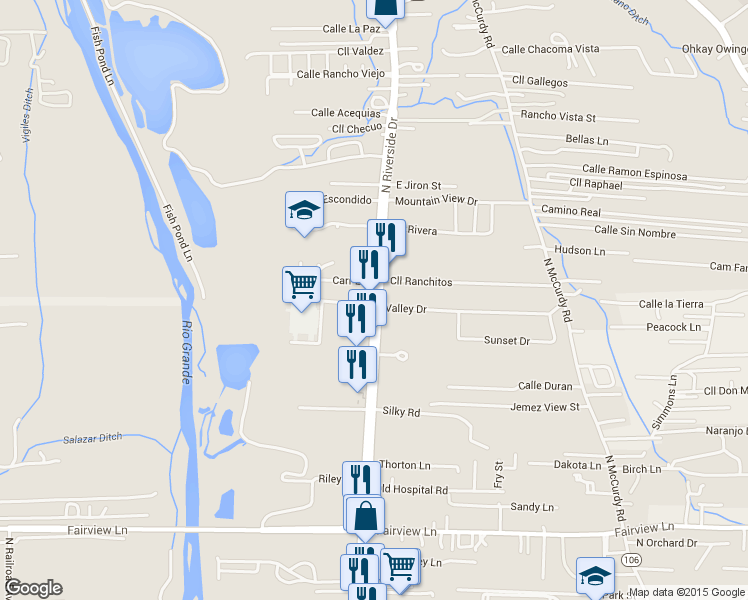 map of restaurants, bars, coffee shops, grocery stores, and more near 1010 N Riverside Dr in Espanola