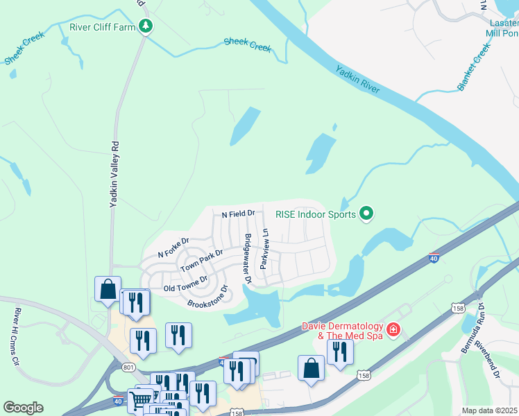 map of restaurants, bars, coffee shops, grocery stores, and more near 211 Parkview Lane in Advance
