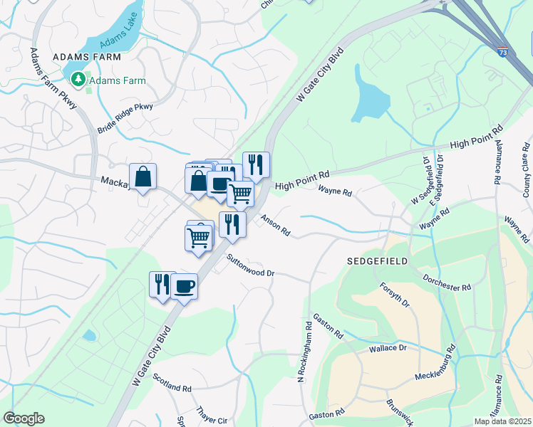 map of restaurants, bars, coffee shops, grocery stores, and more near 10 Anson Circle in Greensboro