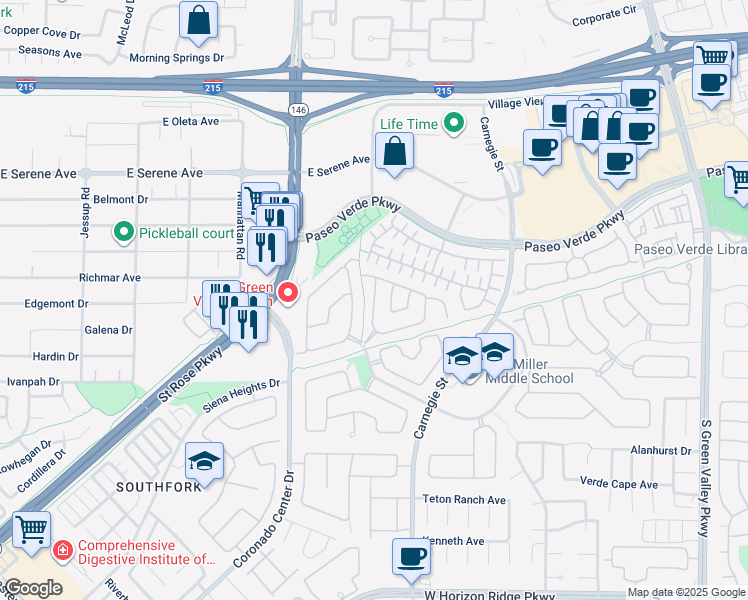 map of restaurants, bars, coffee shops, grocery stores, and more near New Salem Avenue in Henderson