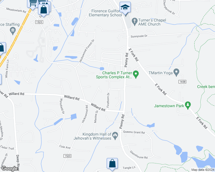 map of restaurants, bars, coffee shops, grocery stores, and more near 2933 Firethorn Drive in High Point