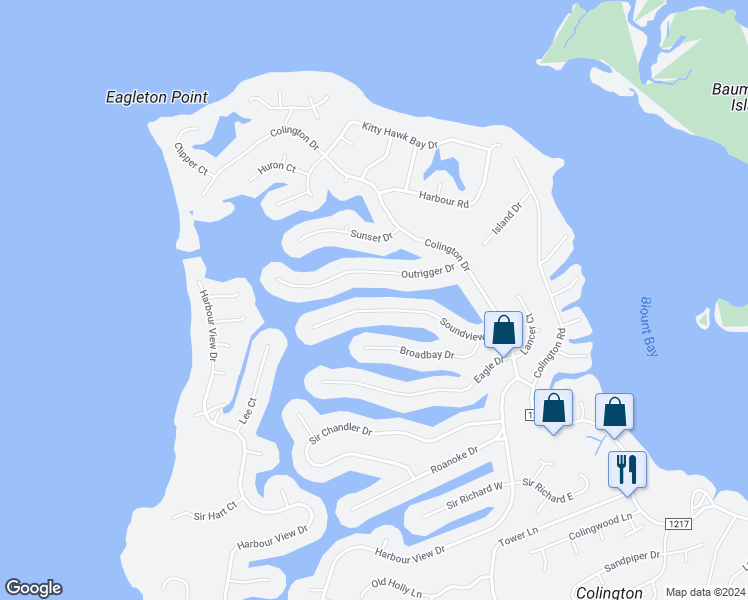 map of restaurants, bars, coffee shops, grocery stores, and more near 322 Soundview Drive in Kill Devil Hills