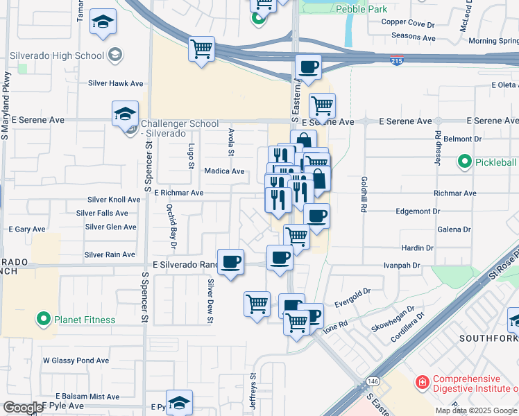 map of restaurants, bars, coffee shops, grocery stores, and more near 2300 East Silverado Ranch Boulevard in Las Vegas