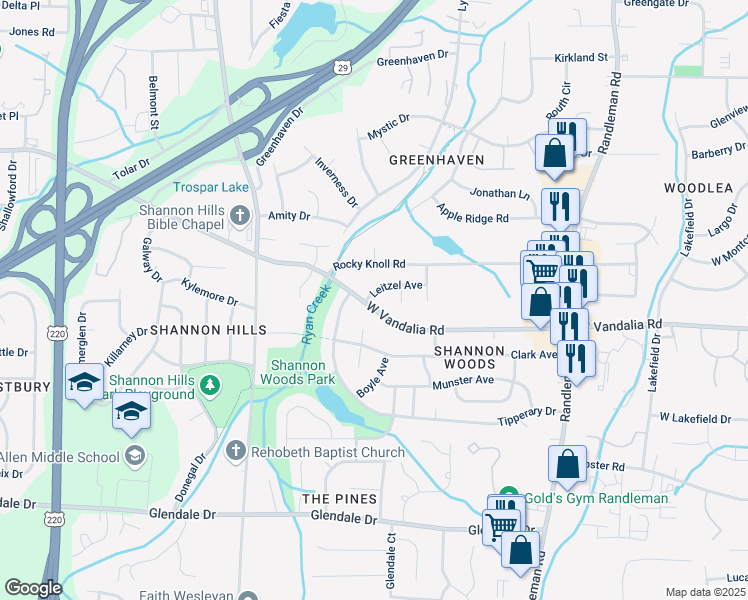 map of restaurants, bars, coffee shops, grocery stores, and more near in Greensboro
