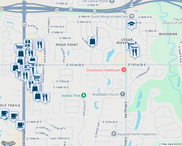 map of restaurants, bars, coffee shops, grocery stores, and more near 10131 South 92nd East Avenue in Tulsa