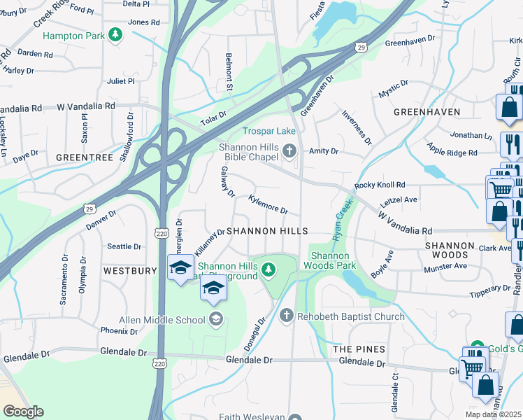 map of restaurants, bars, coffee shops, grocery stores, and more near 2004 Kylemore Drive in Greensboro