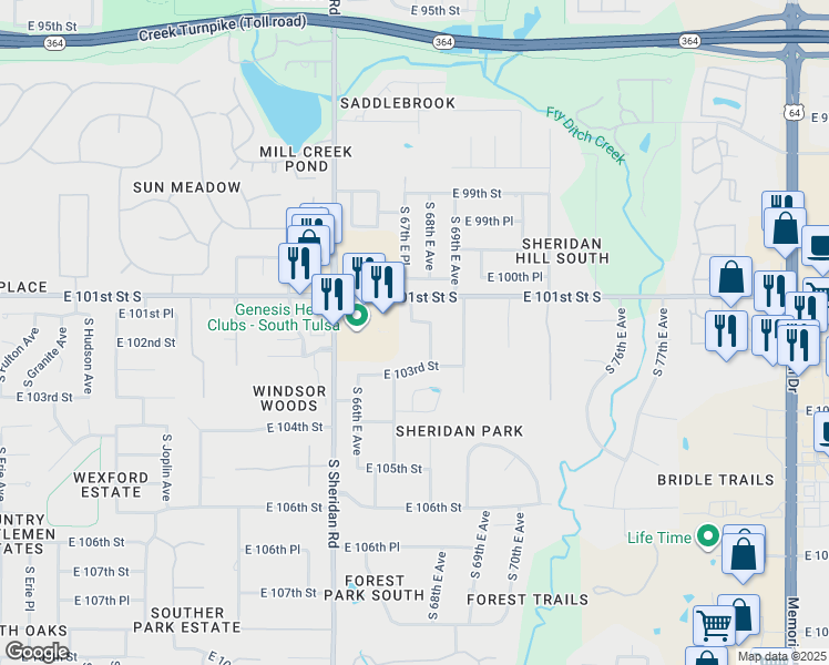 map of restaurants, bars, coffee shops, grocery stores, and more near 6712 E 102nd St in Tulsa