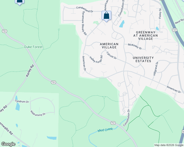 map of restaurants, bars, coffee shops, grocery stores, and more near 4402 American Drive in Durham