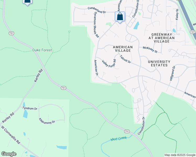 map of restaurants, bars, coffee shops, grocery stores, and more near 4402 American Drive in Durham