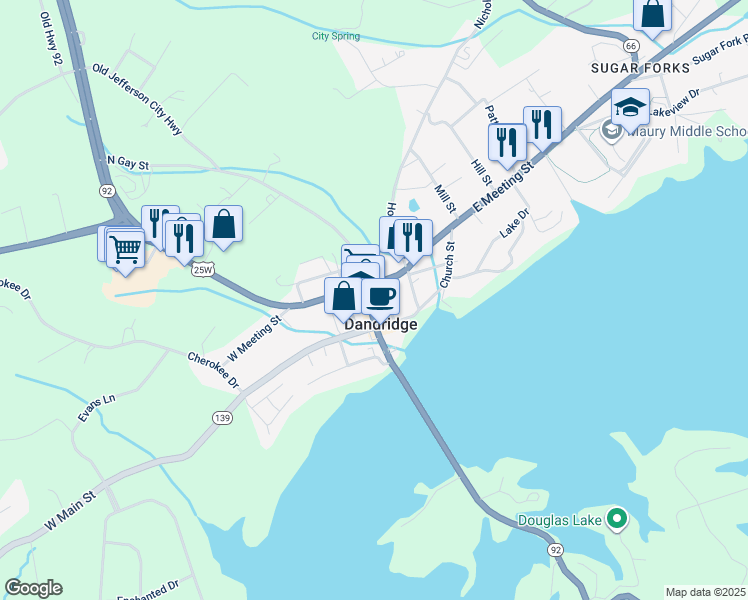 map of restaurants, bars, coffee shops, grocery stores, and more near 1204 Gay Street in Dandridge