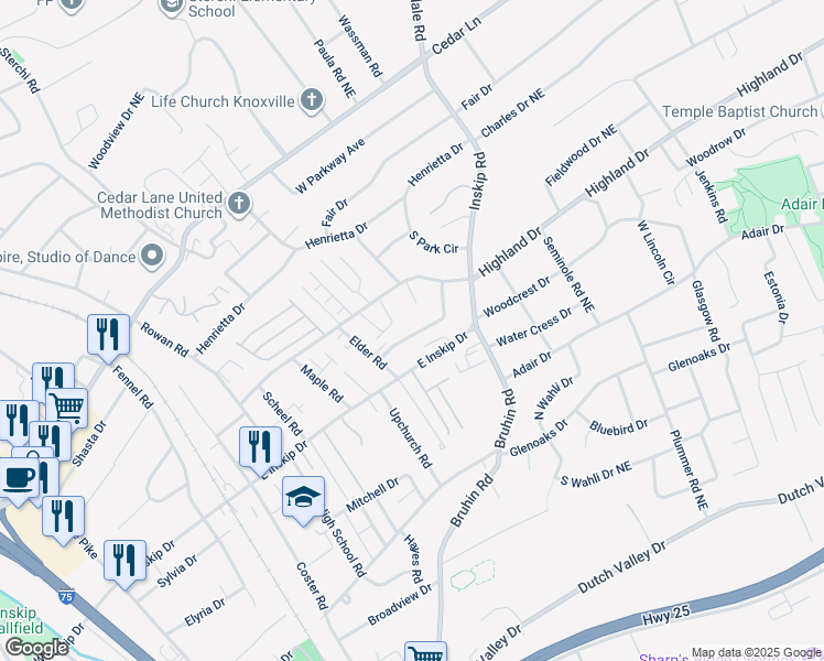 map of restaurants, bars, coffee shops, grocery stores, and more near 906 Blue Spruce Way in Knoxville