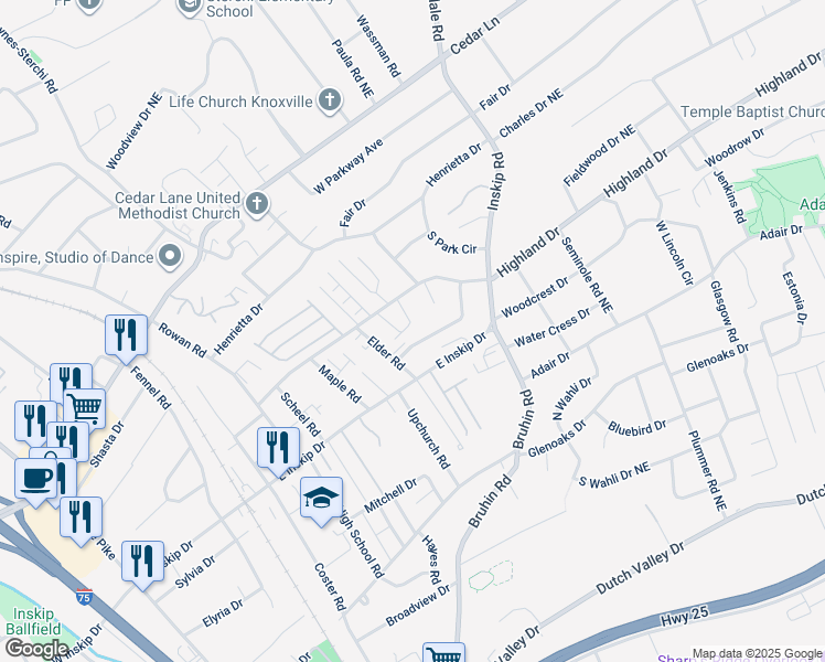 map of restaurants, bars, coffee shops, grocery stores, and more near 810 Highland Drive in Knoxville