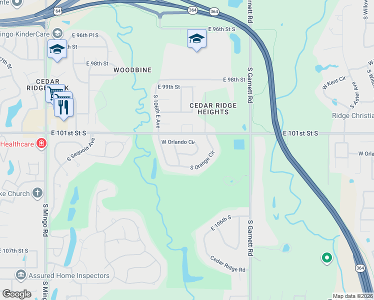 map of restaurants, bars, coffee shops, grocery stores, and more near 5305 West Orlando Circle in Broken Arrow