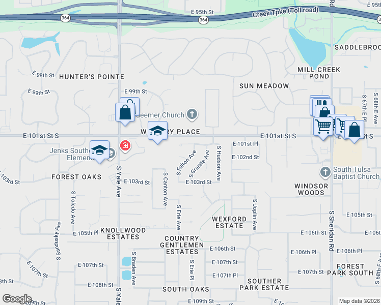 map of restaurants, bars, coffee shops, grocery stores, and more near 5324 East 101st Place in Tulsa