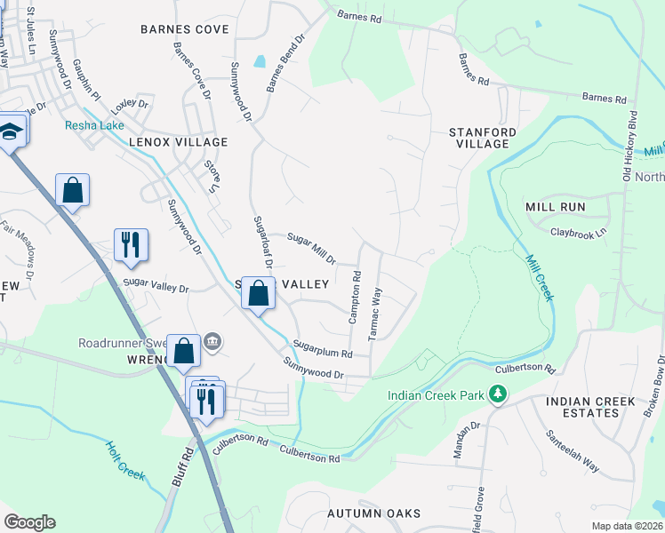 map of restaurants, bars, coffee shops, grocery stores, and more near 621 Sugar Mill Drive in Nashville