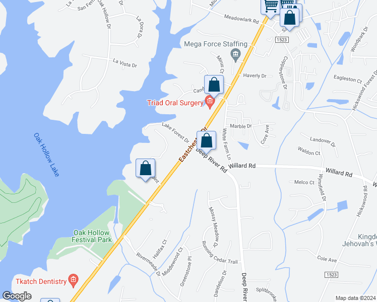 map of restaurants, bars, coffee shops, grocery stores, and more near Eastchester Drive in High Point