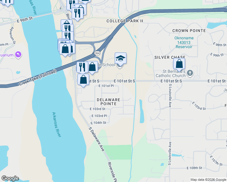 map of restaurants, bars, coffee shops, grocery stores, and more near 3016 East 101st Place in Tulsa