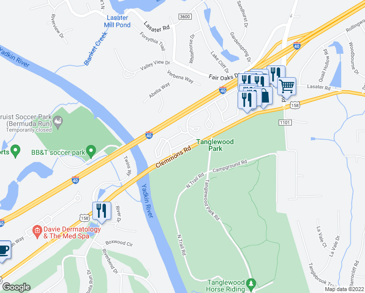 map of restaurants, bars, coffee shops, grocery stores, and more near 7532 Riverside Court in Clemmons