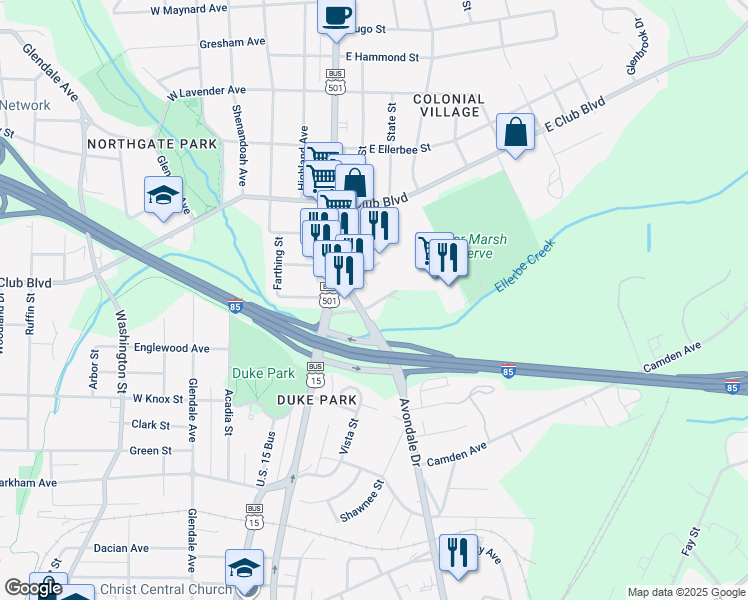 map of restaurants, bars, coffee shops, grocery stores, and more near 311 Foushee Street in Durham