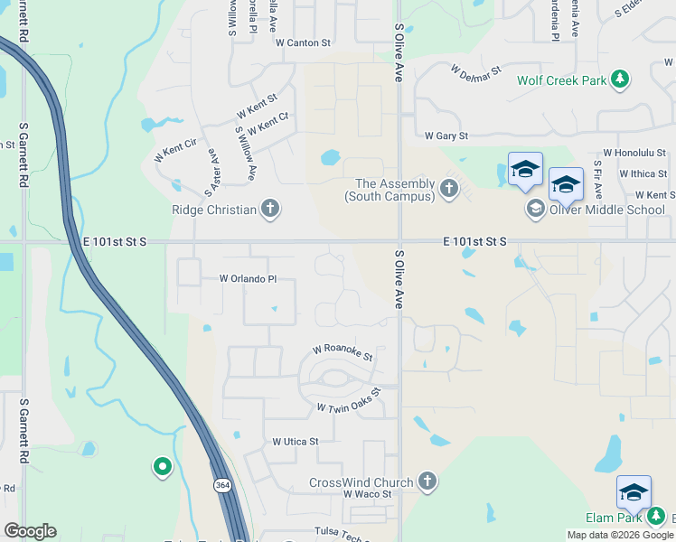map of restaurants, bars, coffee shops, grocery stores, and more near 3605 South Redwood Drive in Broken Arrow