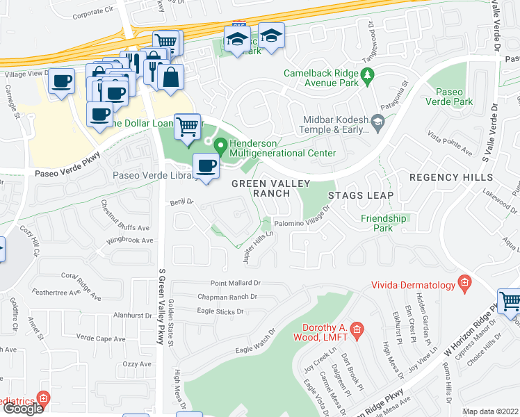 map of restaurants, bars, coffee shops, grocery stores, and more near 2052 Smoketree Village Street in Henderson