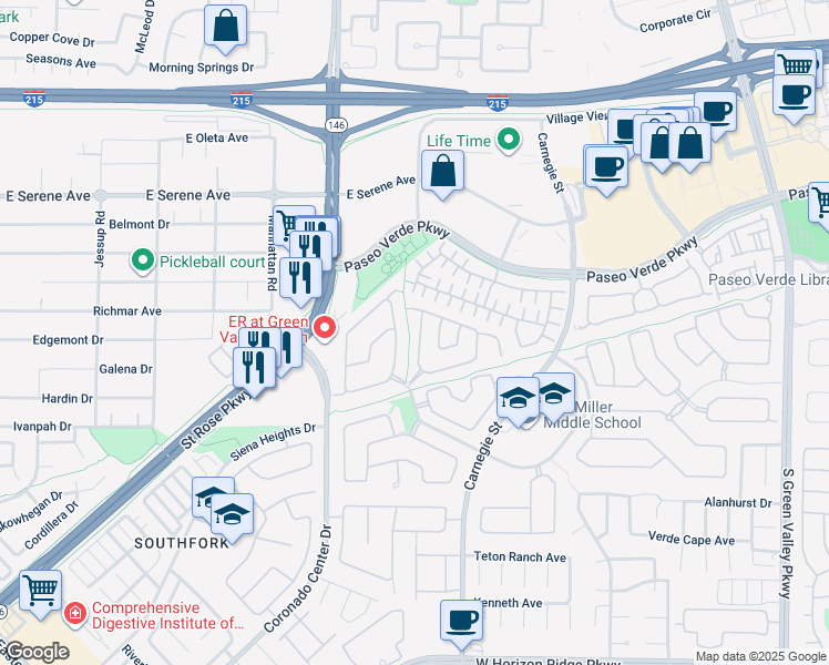 map of restaurants, bars, coffee shops, grocery stores, and more near 283 Heatherstone Street in Henderson