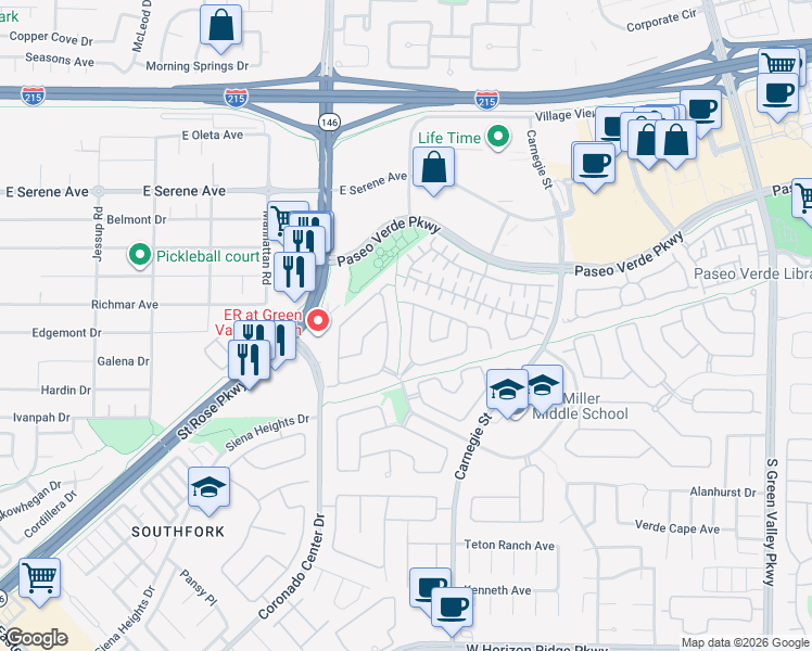 map of restaurants, bars, coffee shops, grocery stores, and more near 283 Heatherstone Street in Henderson