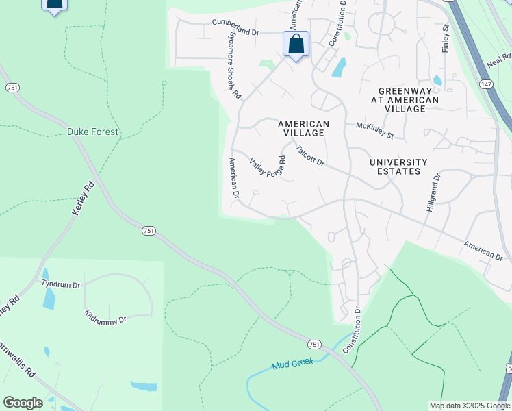 map of restaurants, bars, coffee shops, grocery stores, and more near 4402 American Drive in Durham