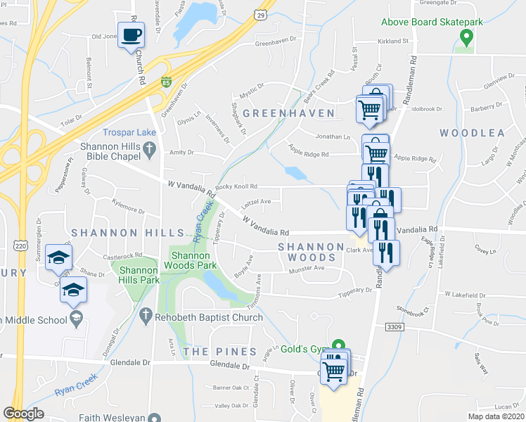 map of restaurants, bars, coffee shops, grocery stores, and more near 76 Leitzel Court in Greensboro