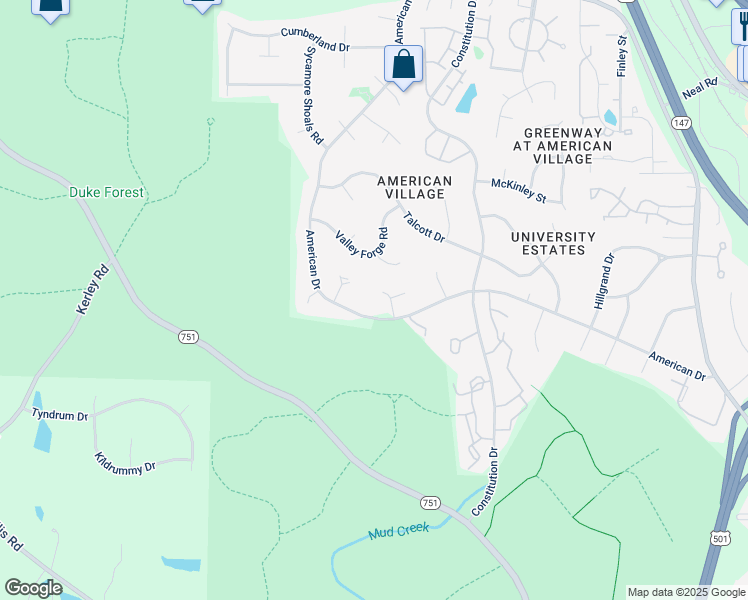 map of restaurants, bars, coffee shops, grocery stores, and more near 15 Alamo Court in Durham