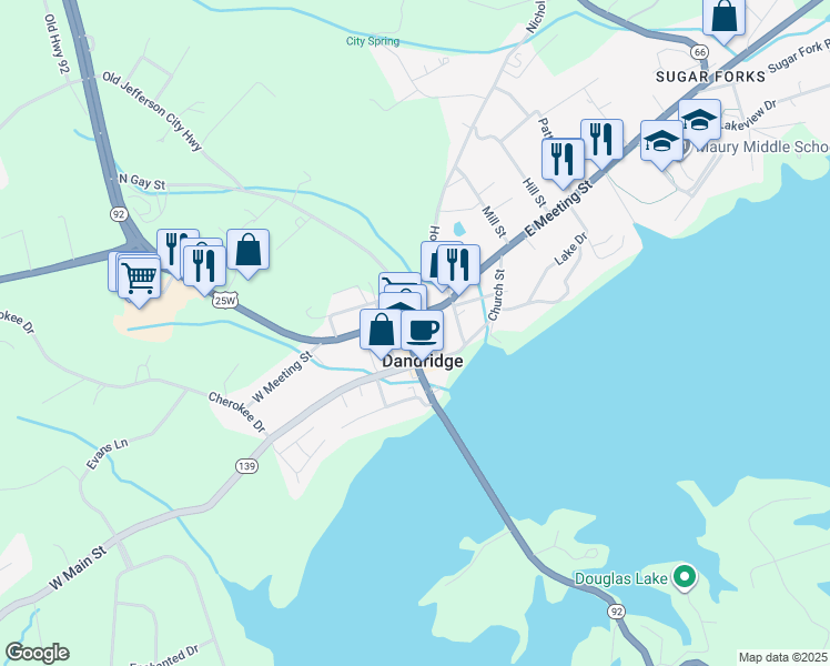 map of restaurants, bars, coffee shops, grocery stores, and more near 1204 Gay Street in Dandridge