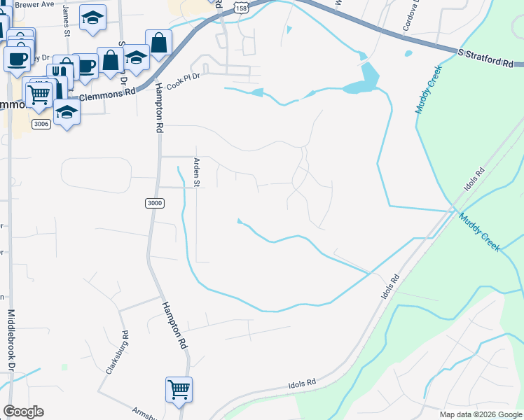 map of restaurants, bars, coffee shops, grocery stores, and more near 6102 Arden Drive in Clemmons