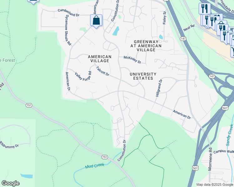 map of restaurants, bars, coffee shops, grocery stores, and more near 4200 American Drive in Durham