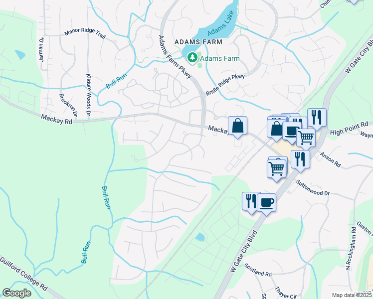 map of restaurants, bars, coffee shops, grocery stores, and more near 5501 Clustermill Drive in Greensboro