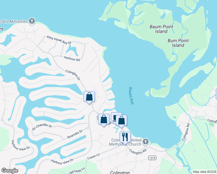 map of restaurants, bars, coffee shops, grocery stores, and more near 110 Princess Court in Kill Devil Hills