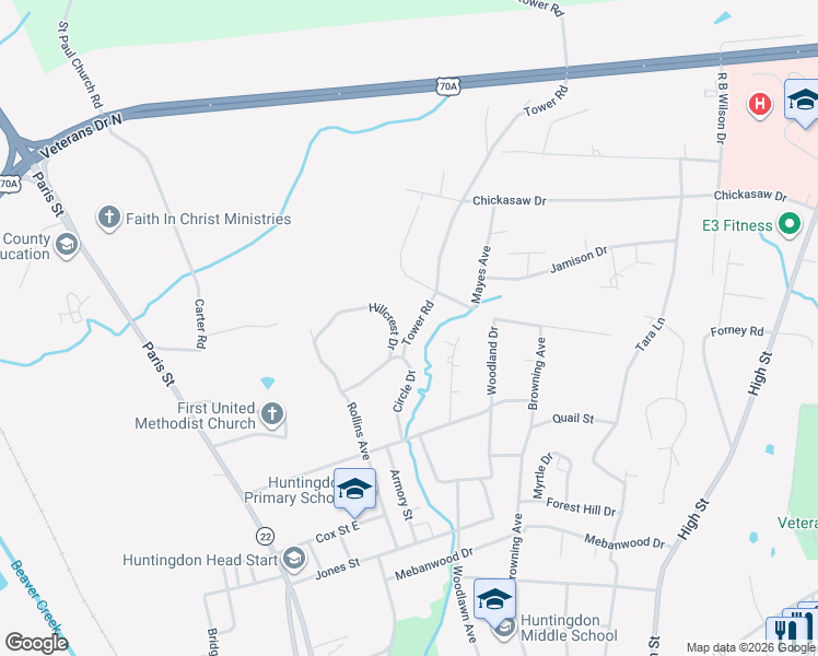 map of restaurants, bars, coffee shops, grocery stores, and more near 301-393 Hillcrest Drive in Huntingdon