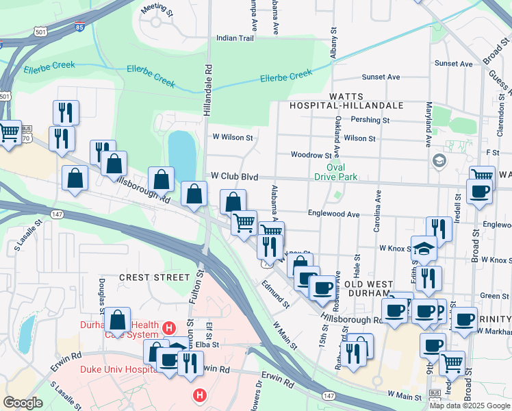 map of restaurants, bars, coffee shops, grocery stores, and more near 2412 Englewood Avenue in Durham