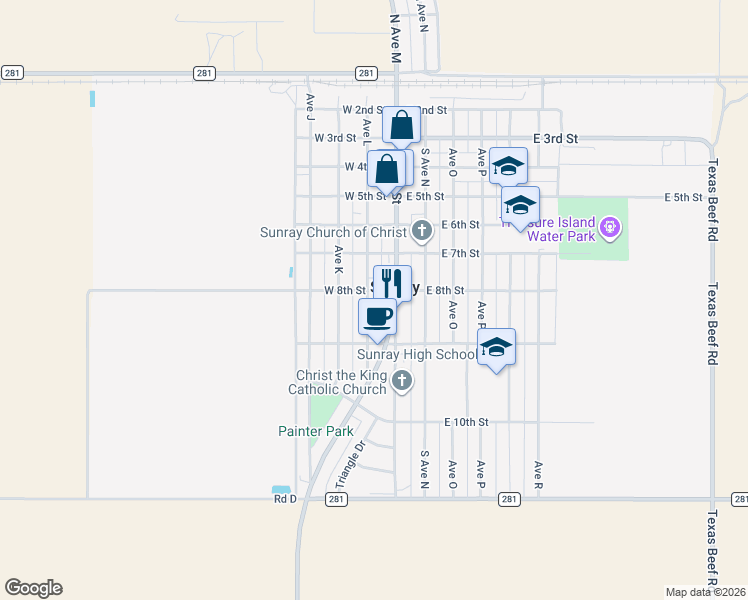 map of restaurants, bars, coffee shops, grocery stores, and more near 110 West 8th Street in Sunray