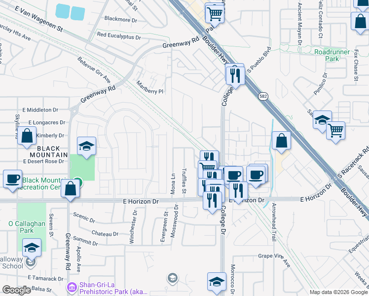 map of restaurants, bars, coffee shops, grocery stores, and more near Boris Avenue in Henderson