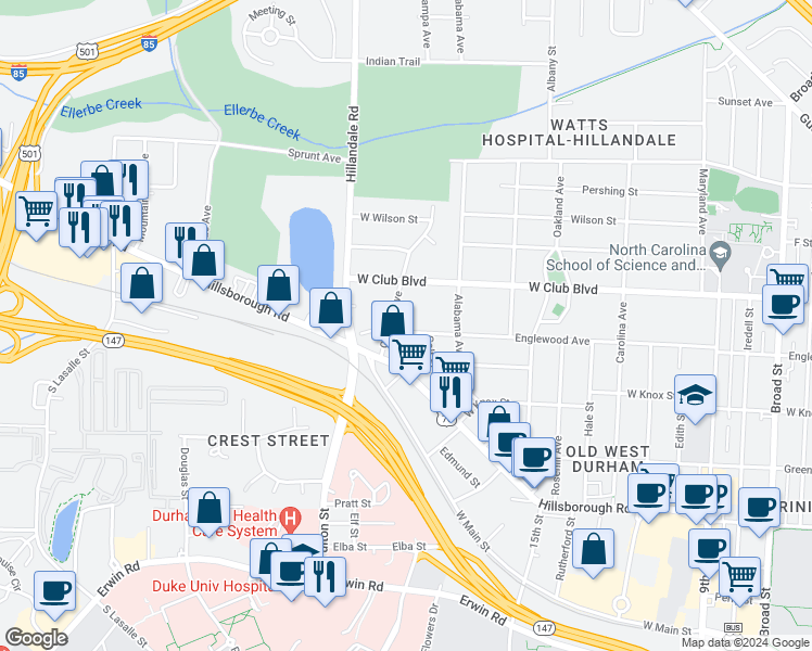 map of restaurants, bars, coffee shops, grocery stores, and more near 2510 Englewood Avenue in Durham