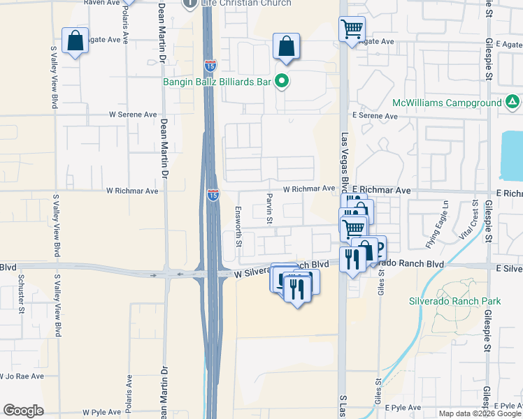 map of restaurants, bars, coffee shops, grocery stores, and more near 2661 Hillgrass Road in Las Vegas
