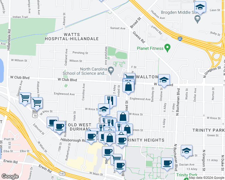 map of restaurants, bars, coffee shops, grocery stores, and more near 1115 Iredell Street in Durham