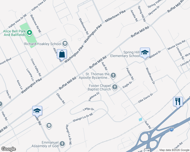 map of restaurants, bars, coffee shops, grocery stores, and more near 2505 Pleasant View Road in Knoxville