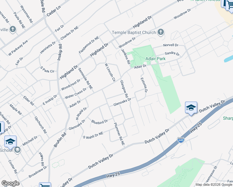 map of restaurants, bars, coffee shops, grocery stores, and more near 1421 Creekwood Drive in Knoxville