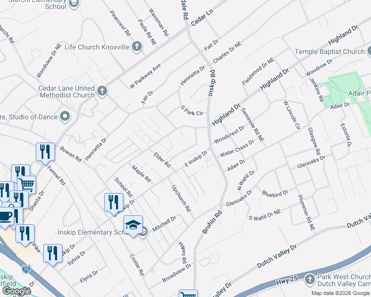 map of restaurants, bars, coffee shops, grocery stores, and more near 906 Blue Spruce Way in Knoxville